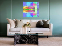 Load image into Gallery viewer, The abstract art with vibrant colors offers invitations & insights for guidance with goals of transformation in a room with a sofa.