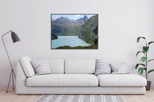 Load image into Gallery viewer, This Switzerland art contains beauty in this art landscape, with wellness, resilience, and joy through the Swiss art piece on a wall above a cozy sofa. 