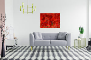 Originally acrylic painting, this orange and red abstract art is in a luxury room with a sofa and other items.