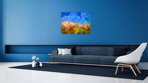 This art photography piece in nature and the landscape combines mountains, flowers, and textured abstract art in California with enhanced beauty in a simple and sophisticated room.
