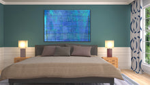 Load image into Gallery viewer, Abstract art has symbols of stones, doors & waves for transformation. Blue art supports serenity, intuition, energy & harmony artwork in a bedroom.