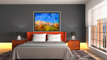 Load image into Gallery viewer, This art photography piece in nature and the landscape combines mountains, flowers, and textured abstract art created in California with enhanced beauty. The abstract artwork is shown in a bedroom and framed.