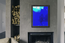 Load image into Gallery viewer, The vibrant blue abstract art inspires people to experience release for resilience into joy, depth, and expansion. The art is located in a living room.