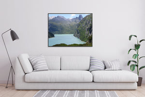 This Switzerland art contains beauty in this art landscape, with wellness, resilience, and joy through the Swiss art piece on a wall above a cozy sofa. 