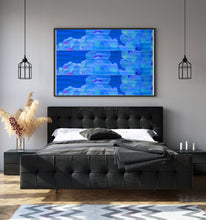 Load image into Gallery viewer, Framed Chanted Collective nature abstract art with messages of relaxation and delight above a luxury bed and surrounding space.