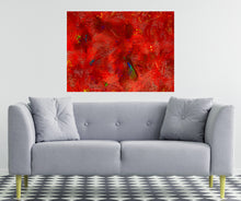 Load image into Gallery viewer, Originally acrylic painting, this orange and red abstract art is in a luxury room with a sofa.