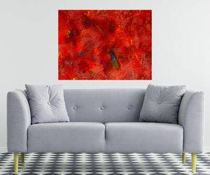 Originally acrylic painting, this orange and red abstract art is in a luxury room with a sofa.