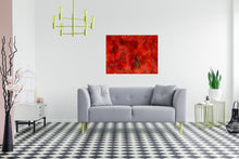 Load image into Gallery viewer, Originally acrylic painting, this orange and red abstract art is in a luxury room with a sofa and other items.