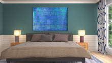 Load image into Gallery viewer, Abstract art has symbols of stones, doors &amp; waves for transformation. Blue art supports serenity, intuition, energy &amp; harmony artwork in a bedroom.