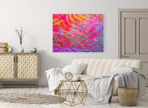 Abstract art Eternal Explorations has vibrant colors to attract internal insights for harmony. The wall art blends in a delightful living room.