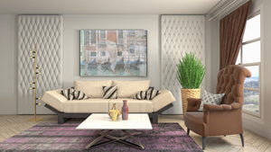 This Venice Italy art piece shows the architecture, history, and fascination in a luxurious living room with a sofa and chair.