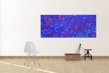 Load image into Gallery viewer, Embrace this purple &amp; blue art piece featuring gratitude flowers and messages supporting harmony, joy, and peace in a room.