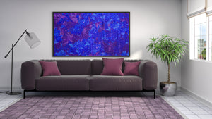 Embrace this purple & blue art piece featuring gratitude flowers and messages supporting harmony, joy, and peace in a room.