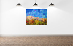 This art photography piece in nature and the landscape combines mountains, flowers, and textured abstract art in California with enhanced beauty in a gallery.