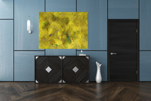 Originally acrylic painting, this abstract art features yellow gold with touches of green and purple in a luxury room.