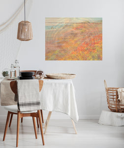Nature art photography combines beaches, woods, metals & symbols. The art landscape is shown in a kitchen area.