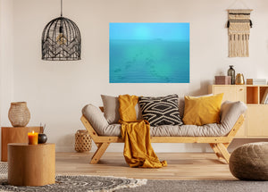 The journey is the destination with help in this joyful art to transform. The blue art piece shows we are never alone located on a wall in a peaceful living room.
