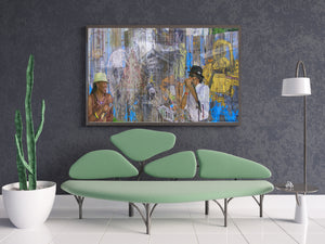 This New Orleans art piece shows some challenges and resilience such as jazz in a luxury room with an expanded chair and other layouts with green, grey, silver, and white.