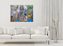 Load image into Gallery viewer, This New Orleans art piece shows some challenges and resilience such as jazz in a living room with a white sofa.