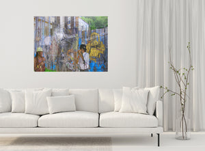 This New Orleans art piece shows some challenges and resilience such as jazz in a living room with a white sofa.