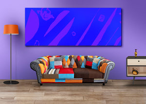 Capture the vibrant blue abstract art piece for energy & well-being shown in a living room. Embody vibrant art expression in your harmony & soul. 