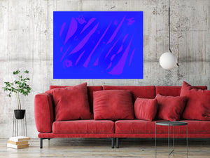 Capture the vibrant blue abstract art piece for energy & well-being shown in a living room with a red sofa. Embody vibrant art expression in your harmony & soul.