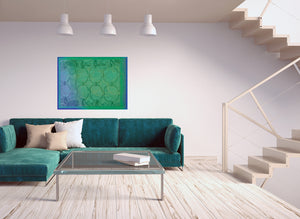 Green abstract art with blue features depth. Messages for health, well-being, harmony & abundance are shown in this joyful art also with symbols and shown in a living room.