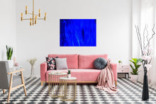 Load image into Gallery viewer, The blue abstract art piece is structured to transmit energy &amp; harmony. This vibrant art is full of fascination to experience in a stunning living room.